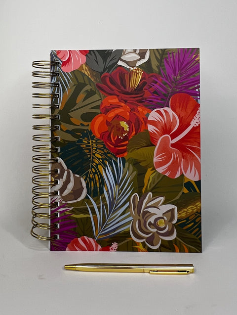 Spiral notebook with elegant floral design and gold pen