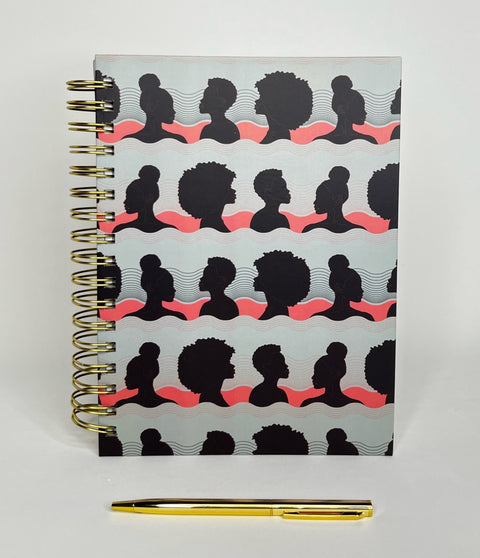 Spiral notebook with silhouettes of African American Women in Cool Mint Breeze color and gold pen  