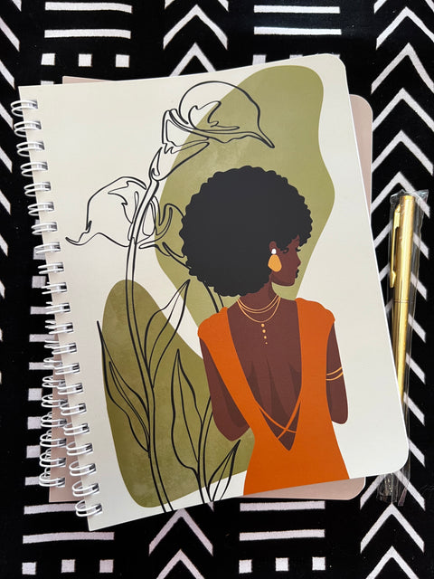 spiral bound notebook with image of elegant Black woman gracefully looking over her shoulder