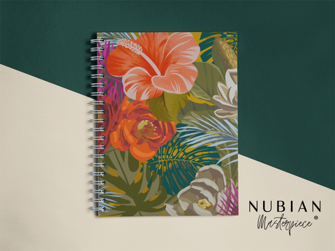 Mock Up Design of Floral Spiral Bound Notebook on Green and Cream Bicolored background 