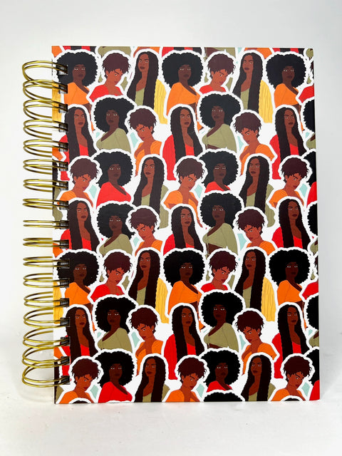 Spiral Notebook featuring cover image collage of Black Women with various hairstyles an colorful trendy outfits