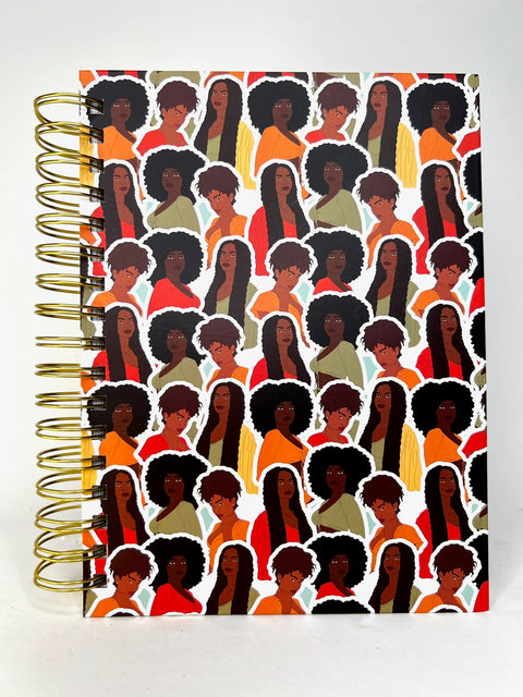 Spiral Notebook featuring cover image collage of Black Women with various hairstyles an colorful trendy outfits 