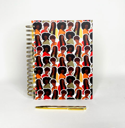 Spiral Notebook featuring cover image collage of Black Women with various hairstyles an colorful trendy outfits and gold pen