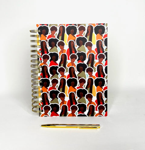 Spiral Notebook featuring cover image collage of Black Women with various hairstyles an colorful trendy outfits  and gold pen 